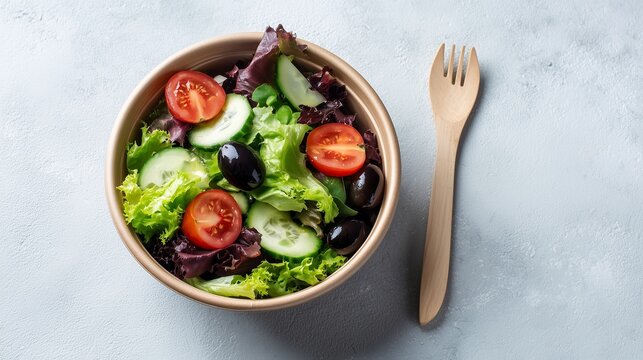 A brightly lit, minimalist overhead shot of a fresh, healthy salad in a round, natural brown paper bowl, suitable for takeaway or an eco-friendly meal. - Powered by Adobe