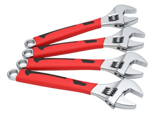 Isolated adjustable wrenches with red handles sit angled against each other in a tool display