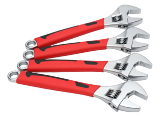 Isolated adjustable wrenches with red handles sit angled against each other in a tool display