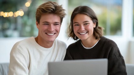 161Young couple browsing real estate listings on laptop with bright window light behind