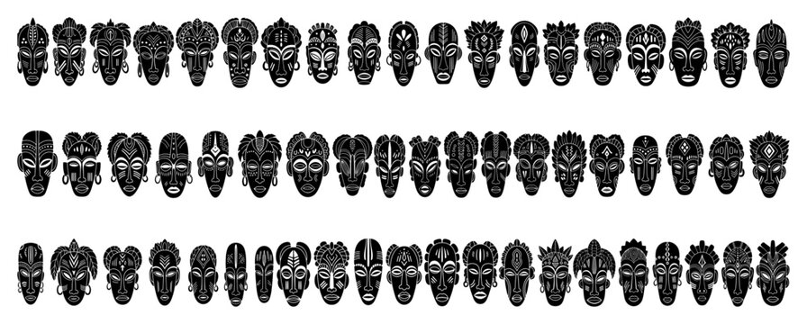 African tribal mask borders set vector silhouette ethnic face dividers