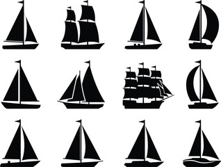 Collection of diverse sailing boat silhouettes including yachts, sailboats, and classic ships designed as clean nautical vector graphics for marine illustration projects
