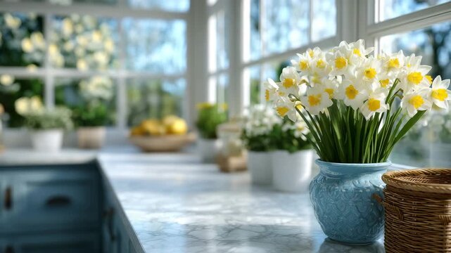 165Modern kitchen interior with fresh spring d&eacute;cor, bright natural window light