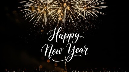Golden Fireworks Display with Elegant Happy New Year Calligraphy
