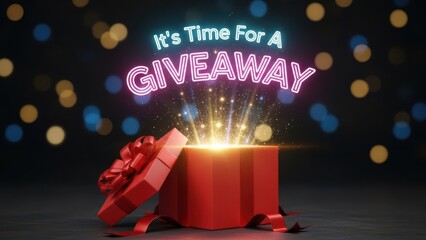 Glowing Open Gift Box with Neon Giveaway Text