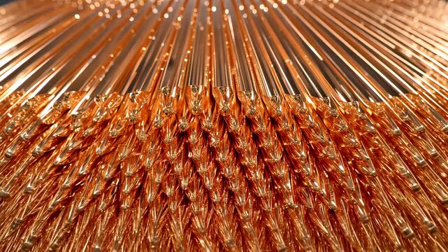 Close-up of twisted copper electrical wires arranged in parallel forming dense industrial conductive material texture