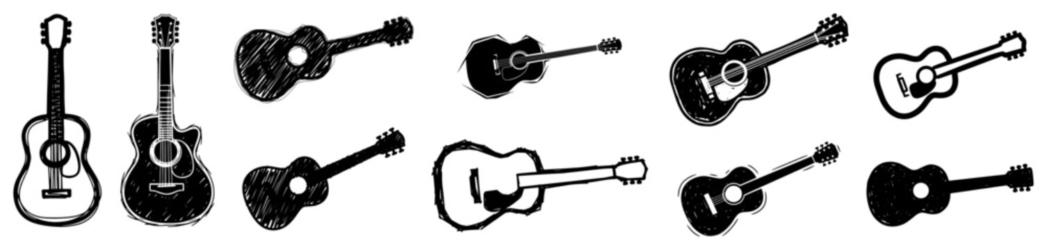 Hand-Drawn Acoustic Guitar Icon Set &ndash; Sketch Vector Musical Instrument Collection