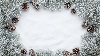Frosted Pine Branch and Cone Winter Frame with Copy Space