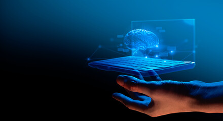 hand of businessman interactive touching a holographic artificial intelligence brain system network and technology