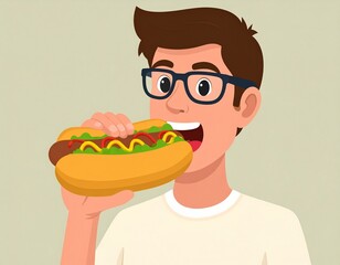 man eating hot dog