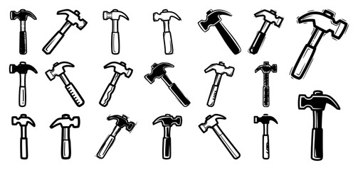 Hand-Drawn Hammer Icon Set – Sketch Vector Carpenter Tool Collection
