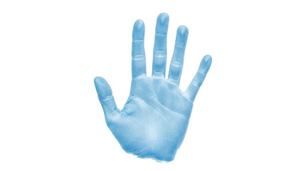 Isolated hand making stop gesture or sign, pale blue, palm up, human extremity, no background