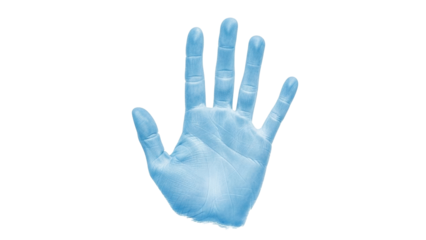 Isolated hand making stop gesture or sign, pale blue, palm up, human extremity, no background