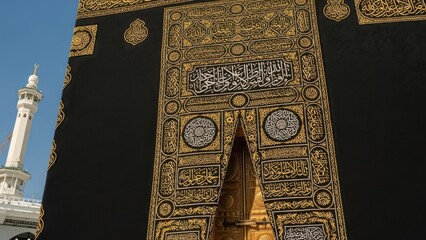 Magnificent Close-Up Detail of the Golden Islamic Calligraphy and Intricate Embroidery on the Kiswah of the Holy Kaaba Door with a Blurred Minaret of Masjid al-Haram in the Background Under a Clear Bl