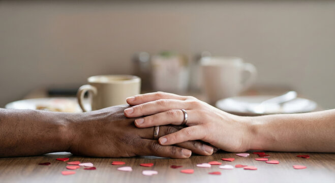 Loving couple holding hands across a table with coffee and confetti, celebrating Valentine's Day
