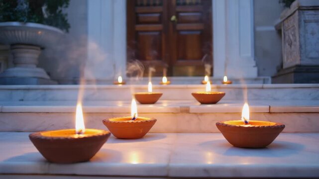 Clay diyas burning on marble steps in front of temple entrance