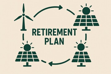 sustainable retirement plan concept. Retirement plan with renewable energy symbols and circular arrows.