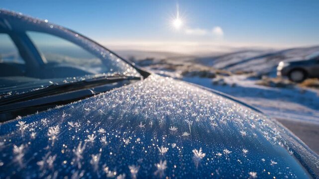 181Extreme close-up of frozen car handle with macro frost details sparkling like tiny diamonds, bright morning sky reflecting softly on the car&rsquo;s paint