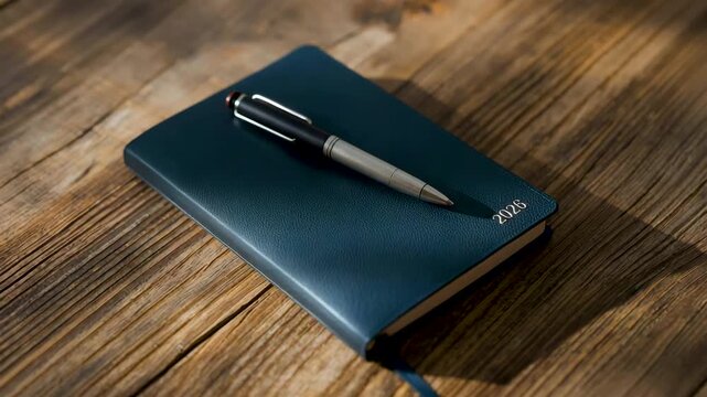 Closed blue notebook with pen placed on rustic wooden desk surface in soft lighting setup for creative workspace theme