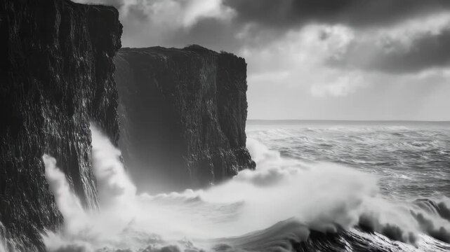 Wild Sea's Dramatic Embrace: The raw power of nature captured in a monochrome panorama, where towering cliffs meet the relentless surge of the tempestuous sea.