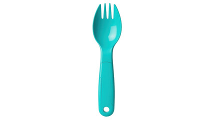 Isolated cyan spork utensil for baby or toddler, plastic cutlery for travel or outdoors