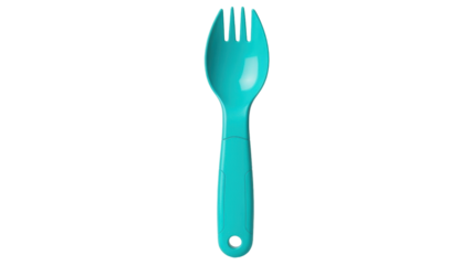 Isolated cyan spork utensil for baby or toddler, plastic cutlery for travel or outdoors