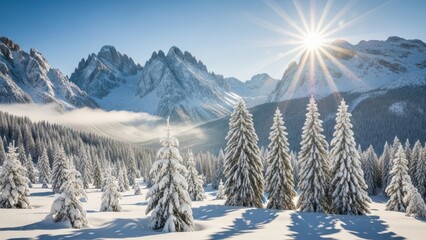 Breathtaking Winter Landscape Featuring Snow-Covered Pine Trees and Majestic Mountain Peaks Illuminated by a Brilliant Sunburst in a Clear Blue Sky
