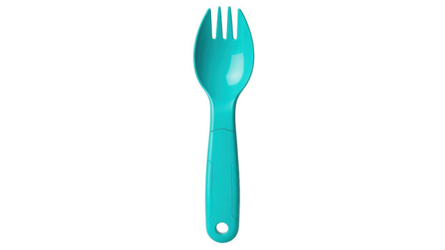 Isolated cyan spork utensil for baby or toddler, plastic cutlery for travel or outdoors