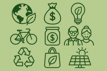 sustainable retirement plan concept. Eco-friendly icons representing sustainability and green lifestyle choices.