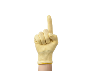 Isolated work glove with index finger pointing up to indicate number one or a request for attention