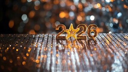 a glittering golden display showcases the year 2026 represented with stylized numbers and a star set against a blurred bokeh background high quality professional detailed modern