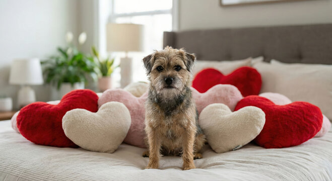 Adorable Border Terrier dog sits among Valentine's Day heart pillows on a bed in a bright, cozy bedroom