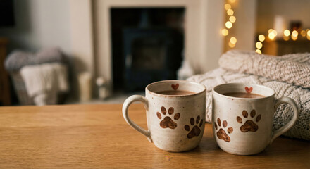 Fototapeta premium Cozy Valentine's Day: Hot cocoa mugs with paw prints by fireplace, blankets, romantic, warm, indoors