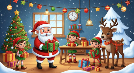 Cartoon vector illustration set of happy Santa Claus and reindeer with gift for Merry Christmas holiday celebration