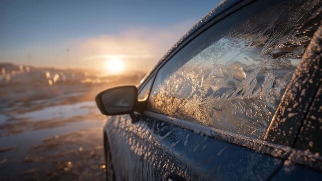 195Car handle completely iced over with translucent layers, warm sunlight highlighting textures, showcasing cold-weather car issues and product solutions for thawing