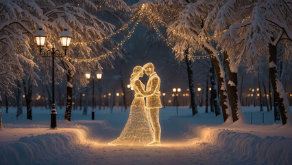A glowing light sculpture of a couple embracing in a snowy winter park at night