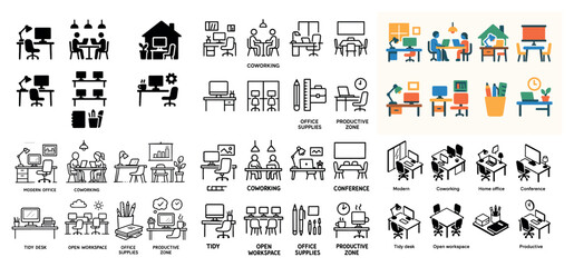 Coworking office icons and home workspace designs