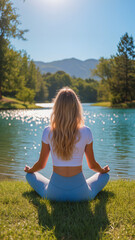 A young woman meditates in a seated yoga pose on a rock beside a peaceful lake