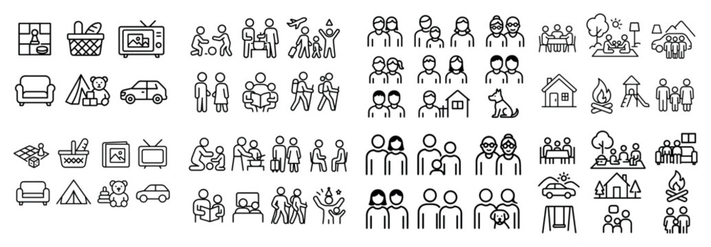 Family activities and leisure icon set collection