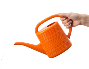 Hand holding an orange watering can pouring water isolated on transparent background