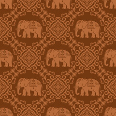 Brown elephant floral damask seamless pattern, elegant damask pattern vector wallpaper, classic damask pattern vector for Wallpaper, Fabric, Branding, Packaging, Invitations, Wedding, luxury design. © PPS Inspire Art