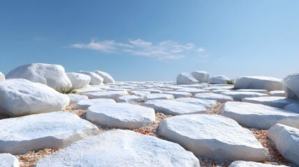 A textured pathway of irregular white stones set in gravel stretching towards a serene blue sky with scattered clouds evoking natural or ancient design