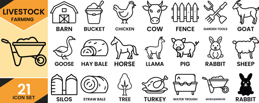 Livestock and farming line art icon collection, featuring farm animals, tools, and structures on white background Vector