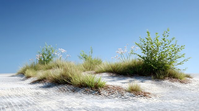 Natural landscape featuring sparse vegetation including dry grass green bushes and delicate pink wildflowers established on a protective white mesh groundcover against a vivid blue sky - Powered by Adobe