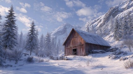 A winter landscape with a barn in the snow,