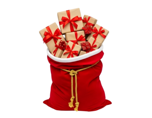 Red santa claus sack overflowing with christmas presents isolated on transparent background