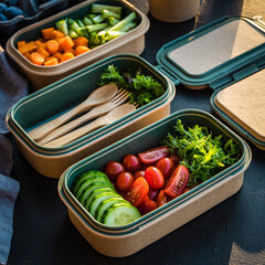 Two eco-friendly lunch boxes filled with fresh vegetables and salad, with bamboo cutlery, ready for a healthy meal on the go.