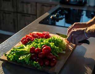 A person's hands are shown chopping fresh vegetables on a wooden cutting board in a kitchen.