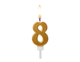 Golden number 8 birthday candle with flame isolated on transparent background