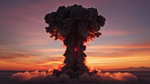 Nuclear Detonation at Sunset - A massive mushroom cloud and intense fireball rise against a vividly colored sunset sky. The scene conveys the terrifying and destructive power of atomic weapons.